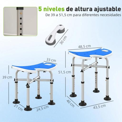Silla de Ducha Antideslizante con Barra de Agarre con Ventosas Altura Regulable y Asiento en Forma de U Azul [6]