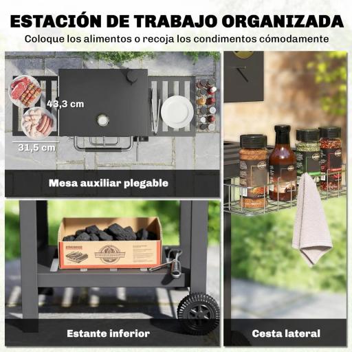 Barbacoa de Carbón con Bandeja Ajustable Estantes Plegables Ruedas Termómetro Tapa Chimenea Ventilaciones y Cesta [3]