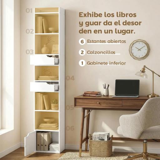 Estantería para Libros con 2 Cajones y Puerta Librería Estrecha con 6 Estantes Abiertos 32x24x181,5 cm Blanco [3]