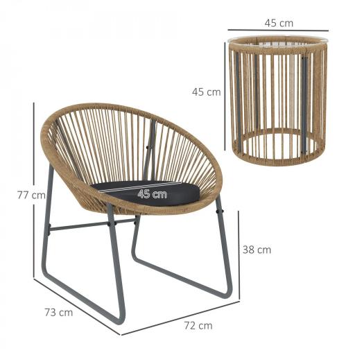 Juego de 2 Sillas y Mesa de Ratán con Cojines Acolchados y Encimera de Vidrio para Balcón Terraza Natural [1]