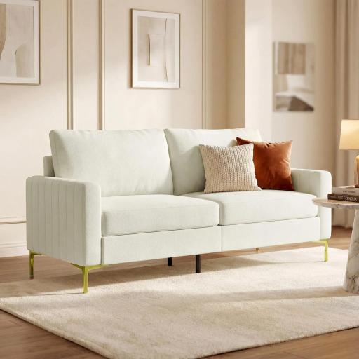 Sofá de 3 Plazas de 181 cm Tapizado en Terciopelo con Cojines Gruesos Patas de Metal Blanco Crema [3]