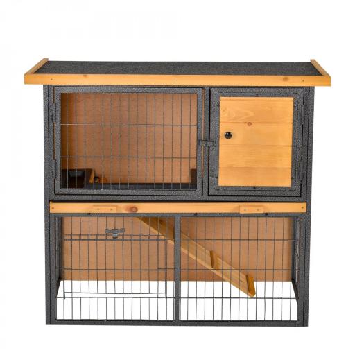 Conejera de Exterior de Madera Jaula para Mascotas Pequeñas 2 Niveles con Rampa Bandeja Extraíble Puertas con Cerraduras 89,5x45x81 cm Madera y Gris [9]