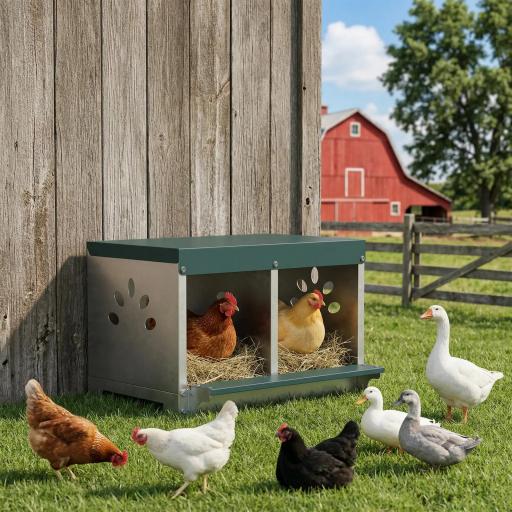 Ponedero para Gallinas de Acero Galvanizado con 2 Huecos para 2 Gallinas con Techo Impermeable y Ventilación Plateado y Verde [4]