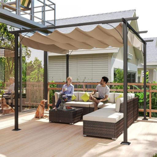 Pérgola de Jardín 3x3m Gazebo Cenador para Exterior con Techo Retráctil Tela Poliéster Impermeable y Anti-UV para Patio Terraza Beige [6]
