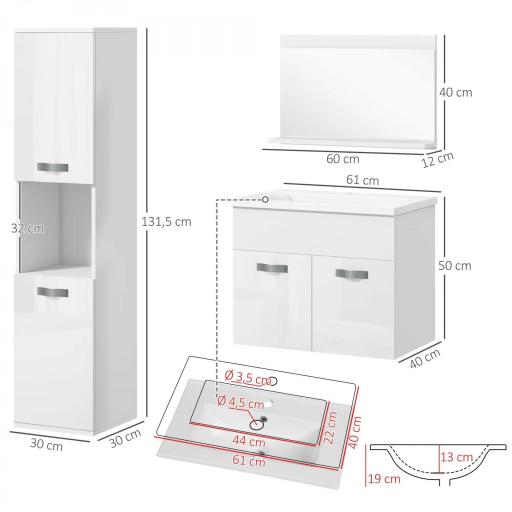 Conjunto de Muebles de Baño de Pared 3 Piezas Incluye Espejo Armario con Lavabo Cerámico y Columna de Baño Blanco [1]