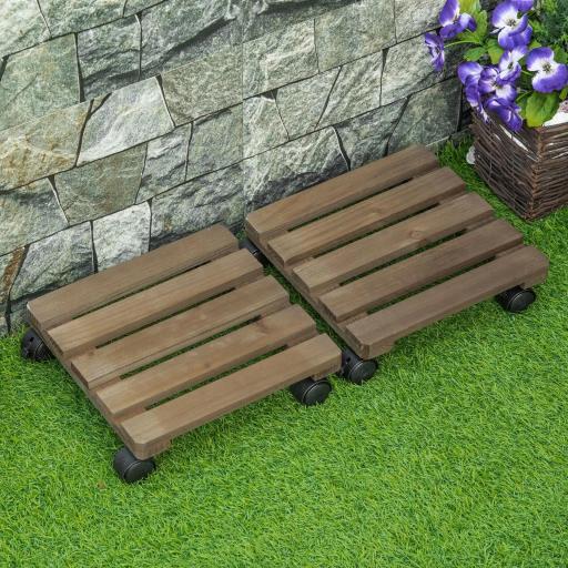 Pack de 2 Plataformas con Ruedas de Madera Soportes para Plantas Macetas Exterior Interior Carga 50 kg Marrón Oscuro [5]
