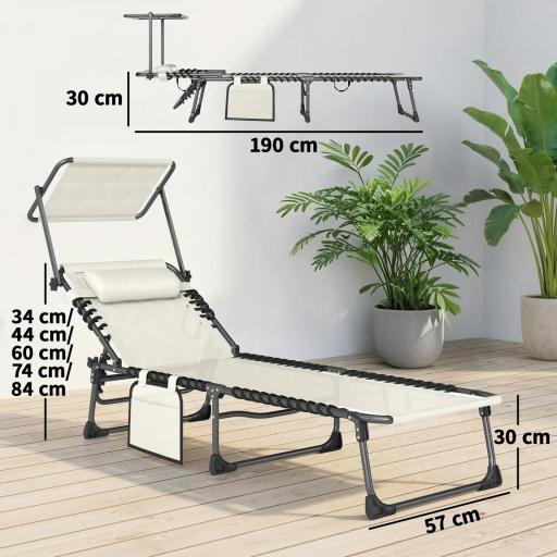 Set de 2 Tumbonas Plegables con Reposacabezas Parasol Bolsillo Lateral y Respaldo Reclinable en 5 Posiciones Crema [1]