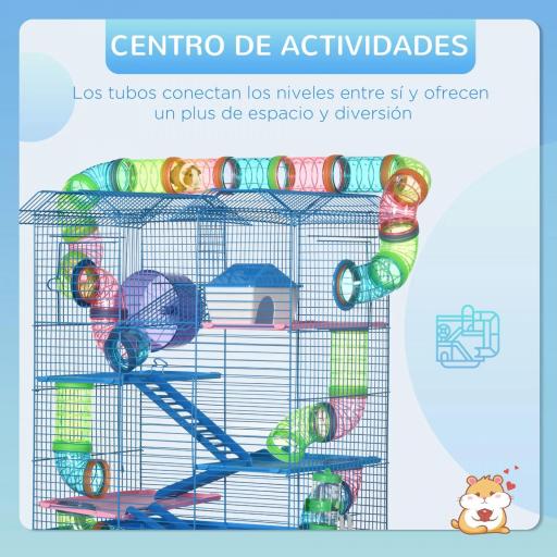 Jaula para Hámster de Múltiples Niveles con Tubos Plataformas Comedero Bebedero Casita Rueda Escaleras 47x30x59 cm Azul [4]