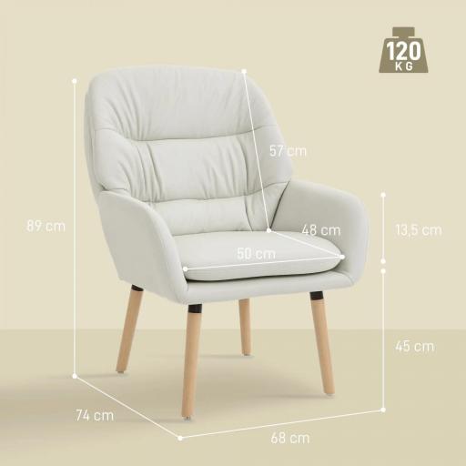 Sillón de Salón Moderno Acolchado de Doble Capa Tapizado en Cuero Sintético Patas de Madera 68x74x89 cm Crema [1]