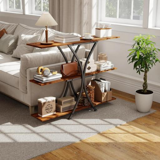 Mesa de Consola Mesa de Sofá con 2 Estantes Abiertos y Marco Metálico en X Estilo Industrial Marrón Rústico [7]