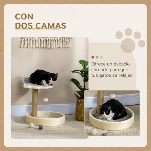 Árbol Rascador para Gatos Altura 44 cm Torre de Escalada con 2 Camas Poste de Yute, Juguete Colgante Gris Claro [3]