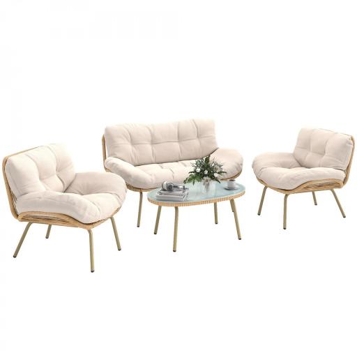 Conjunto de Muebles de Jardín de Rattán de 4 Piezas con Cojines Sofá 2 Sillones y Mesa de Centro Beige [10]