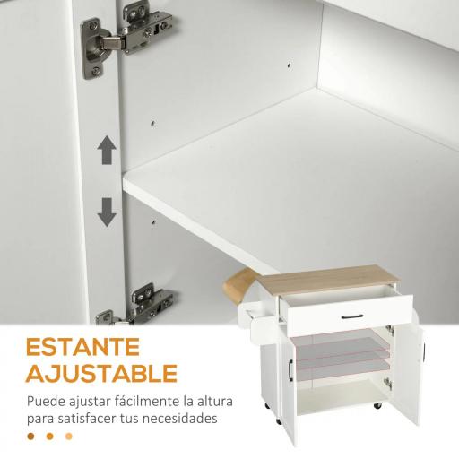 Carro de Cocina con 1 Cajón 2 Puertas Barra de Colgar y Especiero Carrito Auxiliar con Ruedas 105x36x85 cm Blanco [4]