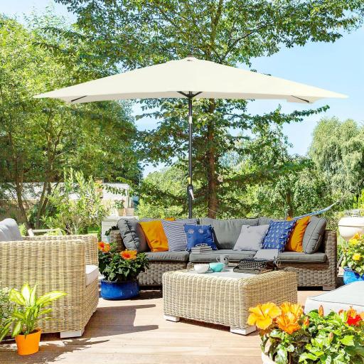 Sombrilla de Aluminio 195x295x253 Parasol Rectangular de Jardín Inclinable con Manivela y Poste Desmontable Crema