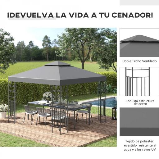 Cenador de Jardín 3x3m con Doble Techo Estructura de Acero Resistente al Agua para Exterior Patio 295x295x270 cm Gris [2]