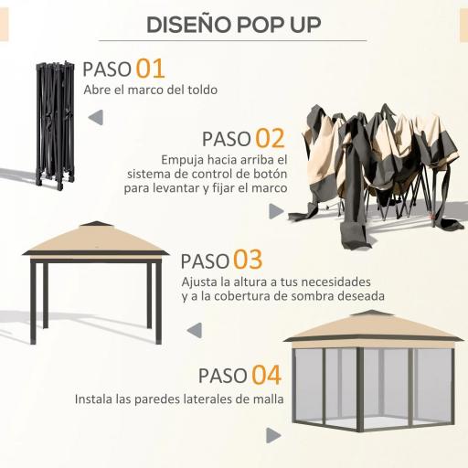 Carpa Plegable 3,3x3,3 m con Altura Ajustable Doble Techo 4 Mosquiteras Extraíbles y Bolsa de Transporte Anti-UV Beige [3]