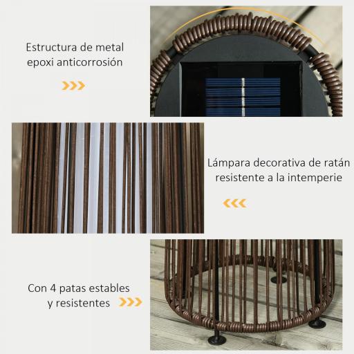 Linterna de Jardín de Ratán Sintético Farola Solar Exterior con Luces LED Encendido y Apagado Automático Impermeable para Terraza Balcón Patio Ø21,5x61 cm, Marrón [3]