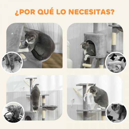 Árbol Rascador para Gatos Altura 134 cm con 6 Postes 3 Plataformas Cueva Hamaca Escalera 4 Juguetes Colgantes Gris [6]
