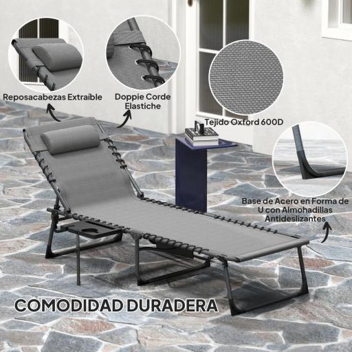Tumbona Plegable con Respaldo Ajustable Reposacabezas Bolsillo Lateral Bandeja y Estructura de Acero 190x60x31 cm Gris [4]