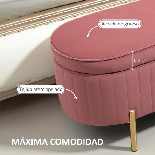 Banco para Pie de Cama con Almacenaje Tapizado en Terciopelo Patas Doradas y Diseño Elegante Ovalado 108x44x43,5cm Rosa [2]