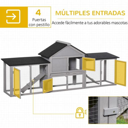 Conejera de Exterior Grande Jaula de Madera para 2-4 Conejos con Techo Asfáltico Recinto de Alambre Bandeja Extraíble y Rampas 210x45,5x84,5 cm Gris y Negro [3]