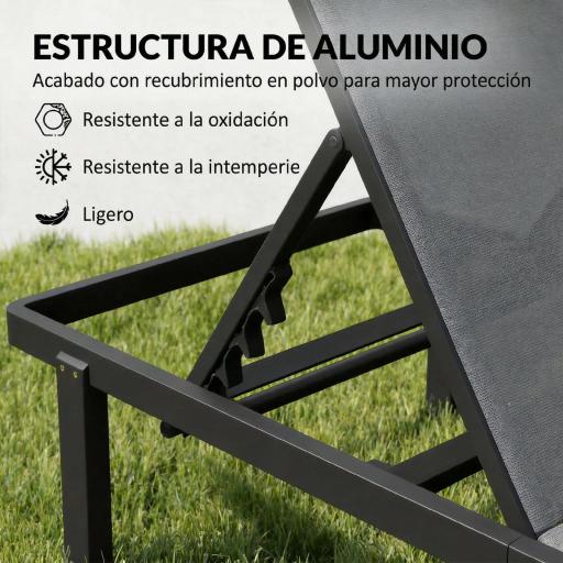Conjunto de 2 Tumbonas Reclinables con Ruedas Respaldo Ajustable 4 Niveles Estructura de Aluminio Tela Textilene Gris [3]