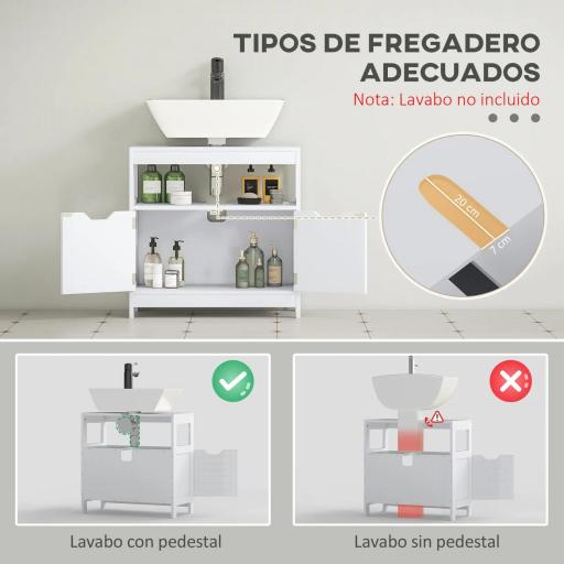 Armario para Debajo de Lavabo Gabinete de Baño con Estante 2 Puerta de Almacenamiento Dispositivo Antivuelco Resistente a la Humedad 60x30x60 cm Blanco [2]