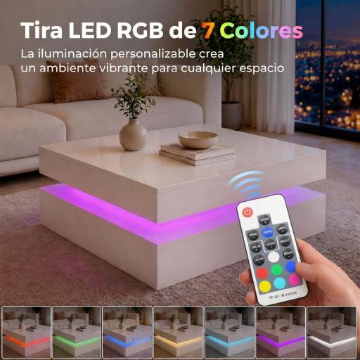 Mesa de Centro con LED RGB de Alto Brillo con Almacenamiento Abierto y Mando a Distancia 78x78x40 cm Blanco Brillante [2]