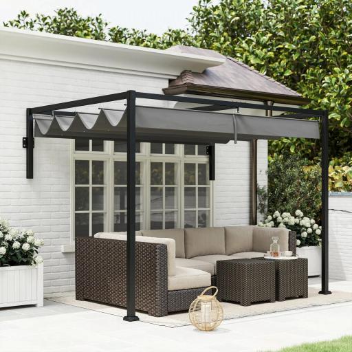 Pérgola de Jardín de Pared 297x211x220 cm Cenador con Techo Retráctil y Marco de Acero para Patio Terraza Gris Oscuro [7]