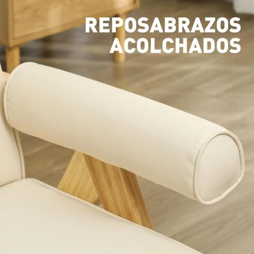 Sillón de Salón Tapizado en PU con Reposabrazos y Marco de Madera de Caucho para Dormitorio Carga 120 kg Crema [3]