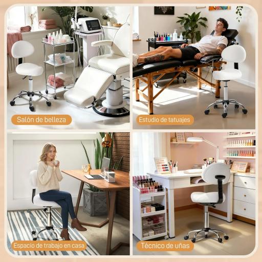 Taburete Giratorio con Respaldo y Ruedas Silla Ajustable para Salones de Belleza Estudio de Tatuajes 50x50x83-98cm Blanco [2]
