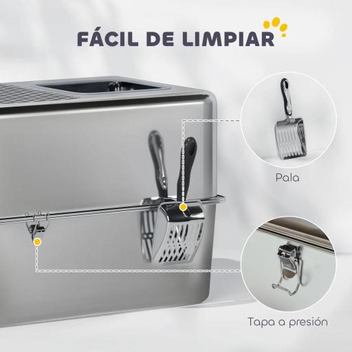 Arenero para Gatos de Acero Inoxidable XL Arenero con Pala Aberturas Dobles Fácil de limpiar Plata [4]