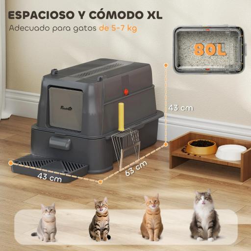 Arenero para Gatos de Acero Inoxidable XL con Tapa Abatible 180° Laterales Altos Pedal Pala Gris Oscuro [4]