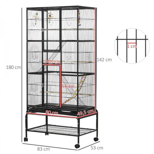 Jaula para Pájaros con Ruedas 83x53x180 cm Pajarera Metálica de 3 Niveles con 3 Perchas Comederos Juguetes Rampas Negro [1]