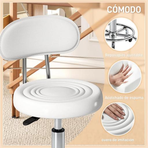 Taburete Giratorio con Respaldo y Ruedas Silla Ajustable para Salón de Belleza Estudio de Tatuajes 32x40x70-86cm Blanco [4]