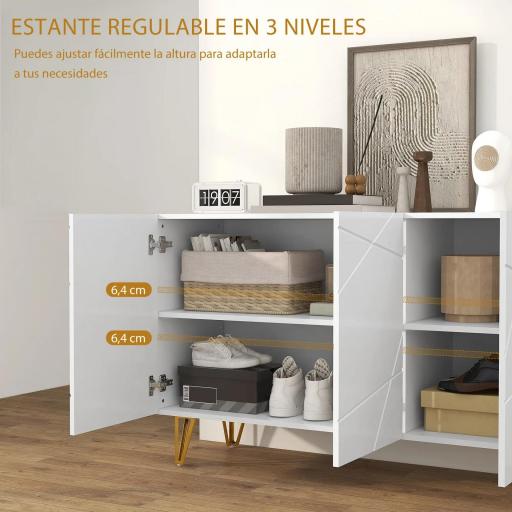 Aparador de Entrada con 3 Puertas y Estantes Ajustables para Cocina Sala 120x40x75 cm Blanco Brillante [5]