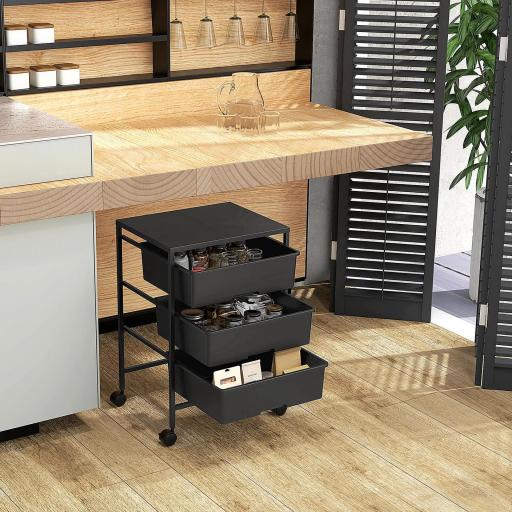 Carrito Auxiliar con Ruedas con 3 Cestas para Almacenamiento y Marco de Acero para Cocina Baño 40,8x33,5x60,5 cm Negro