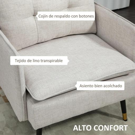 Sillón de Salón Moderno Tapizado en Lino con Reposabrazos Asiento Acolchado y Patas de Acero 76x68x80 cm Crema [2]