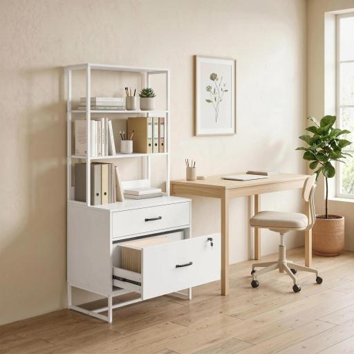 Mueble Archivador con Estantería 2 Cajones Encimera para Impresora Cerradura para A4 Letter Legal Blanco [7]