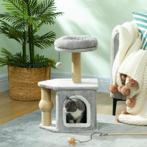 Árbol para Gatos Altura 66 cm Torre para Gatos con Cama Cueva Plataforma Bola Colgante y Poste de Yute Gris Claro [2]