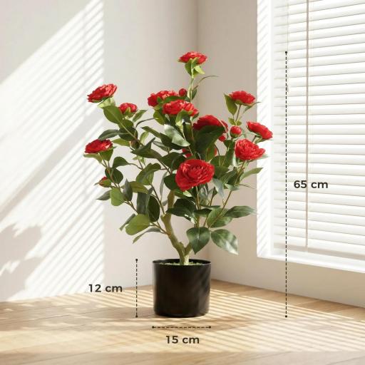 Planta Artificial de Camelia 65 cm Árbol Artificial en Maceta con Flores de Seda Realistas 116 Hojas Efecto Musgo Rojo [1]