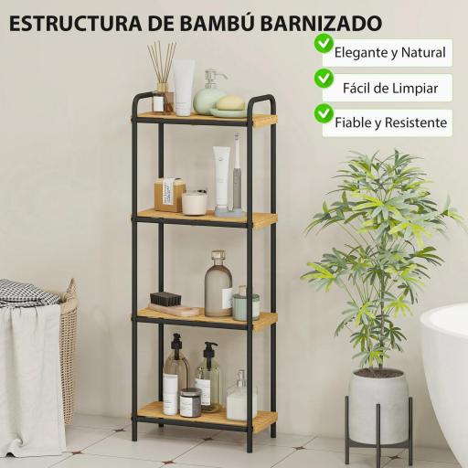 Estantería de Baño de Bambú con 4 Baldas Abiertas Diseño de Lamas y Estructura de Acero 41,5x21,5x106 cm Natural [6]