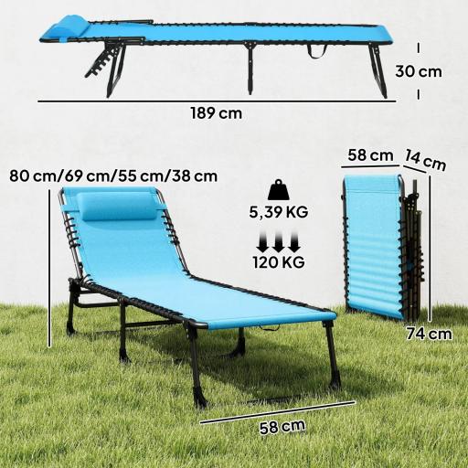 Tumbona Plegable, Tumbona Jardín Exterior Reclinable 4 Posiciones con Reposacabezas y Marco de Acero, Carga 120 kg, para Terraza, Piscina, Playa, 189x58x30 cm, Azul Claro [1]