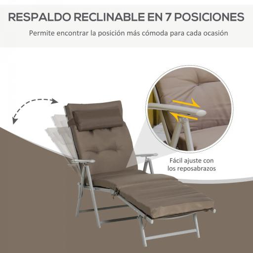 Tumbona Plegable de Jardín con Respaldo Ajustable en 7 Posiciones Cojín Cuerpo Entero y Cabeza 137x63,5x100,5 cm Marrón [2]