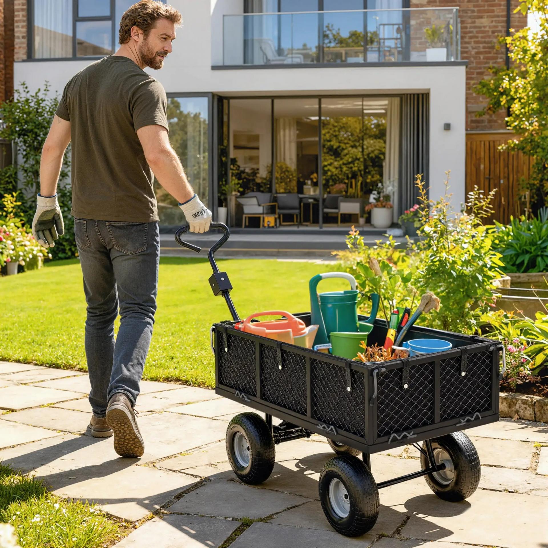 Carrito de Jardín con Ruedas Grandes Bolsa Impermeable Removible y Mango Giratorio Carga 300 kg 105x51x54 cm Negro