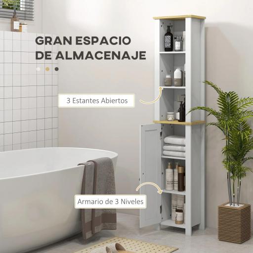 Columna de Baño Armario de Baño con Estantes Abiertos Puerta y Estante Ajustable Diseño Anti-vuelco 34x23x165 cm Blanco [5]