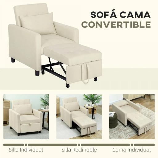 Sofá Cama de 1 Plaza Tapizado en Lino con Respaldo Ajustable de 3 Niveles y Almohada Acolchada 69x82,5x84 cm Beige [2]