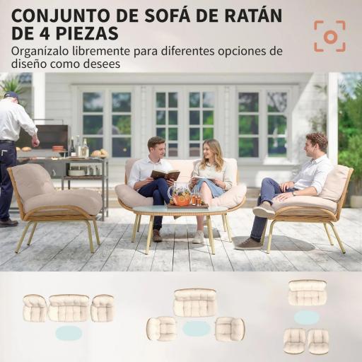 Conjunto de Muebles de Jardín de Rattán de 4 Piezas con Cojines Sofá 2 Sillones y Mesa de Centro Beige [6]