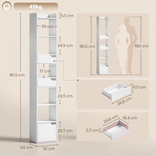 Estantería para Libros con 2 Cajones y Puerta Librería Estrecha con 6 Estantes Abiertos 32x24x181,5 cm Blanco [1]