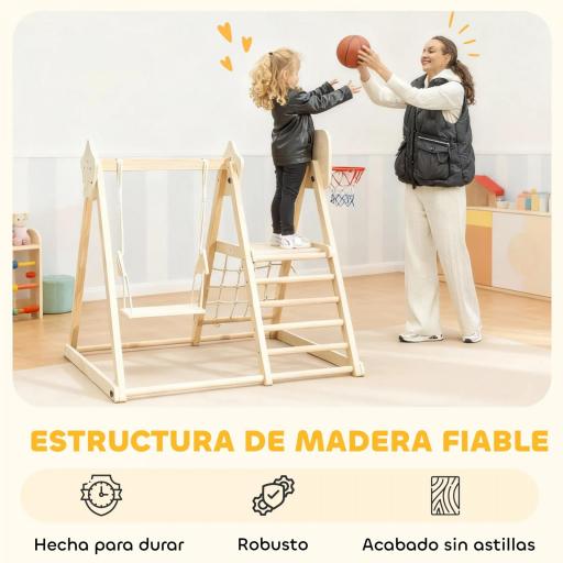 Tobogán Infantil 5 en 1 Estructura de Escalada con Tobogán Columpio Aro de Baloncesto Tabla Red de Escalada Natural [4]